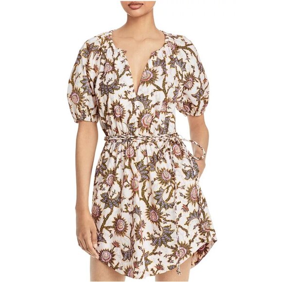 A.L.C. Adelaide Floral Dress Tie Waist Short Puff Sleeve Cotton 6 - Picture 1 of 16